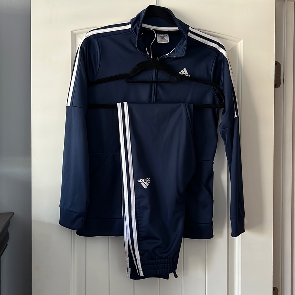 Adidas Big Boys track jacket and pants in blue 3 white stripes Size L (14-16)